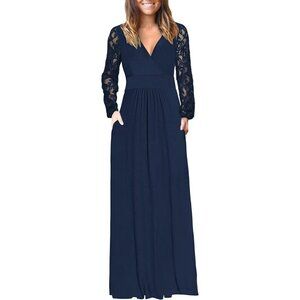 ⚡Blue Women Fall Maxi Dress 2025 Lace Long Sleeve V Neck Wrap Dress with Pockets